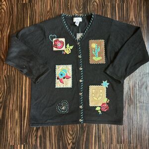 Vintage Susan Graver 1X XL Cardigan Sweater Western Boots Hat Cactus Horseshoe